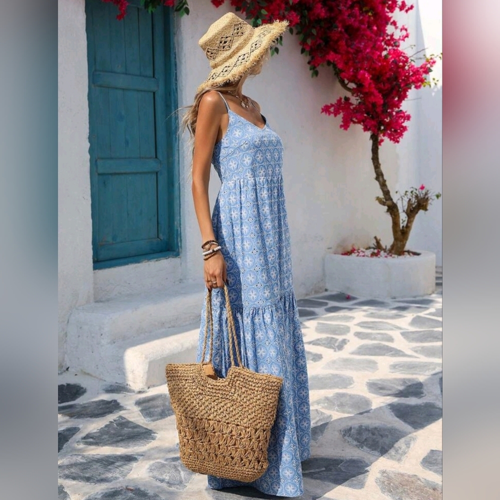 NEW Flowy Embroidered Eyelet Lace Tiered Cami Maxi Dress Blue White - Picture 3 of 9